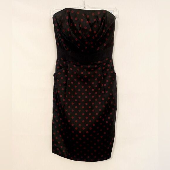White House Black Market Strapless Elegant Black and Red Polka Dot Dress Size 2 - Picture 10 of 15